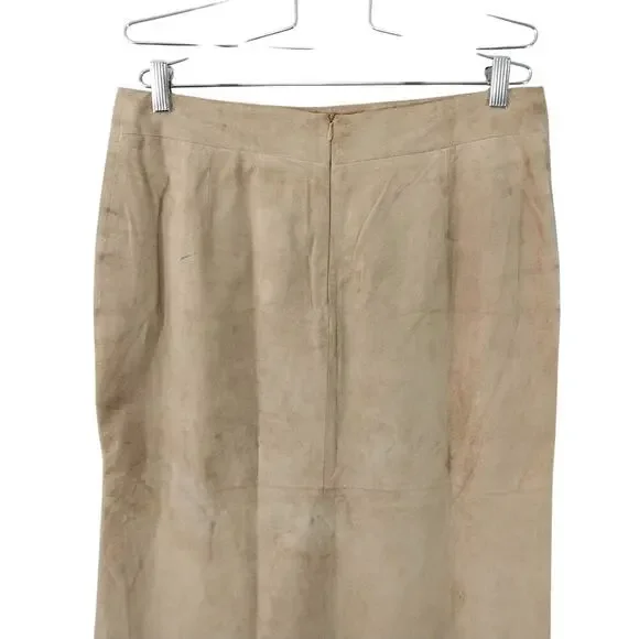 OLSEN EUROPE! FAWN BEIGE/TAN GENUINE SUEDE LEATHER GORED FULL A-LINE SKIRT!SZ 12 - Picture 6 of 14